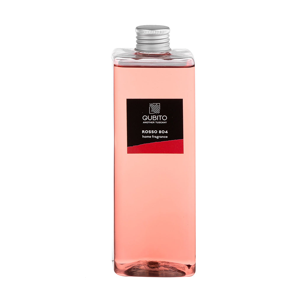 Rosso 804 home fragrance by Qubito in a sleek bottle, featuring soft red aromas of fruits and florals.